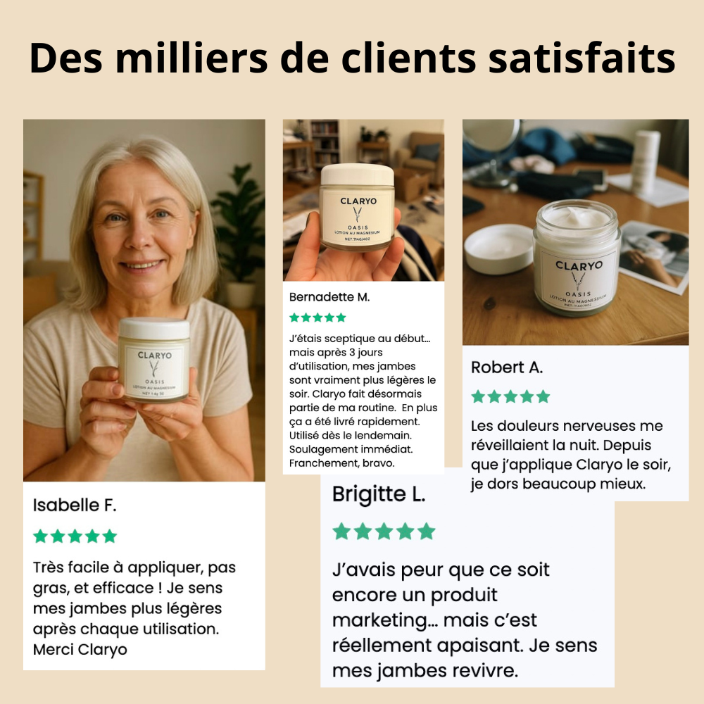 Avis clients Claryo 5 étoiles - témoignages de clientes satisfaites contre les douleurs nerveuses et crampes